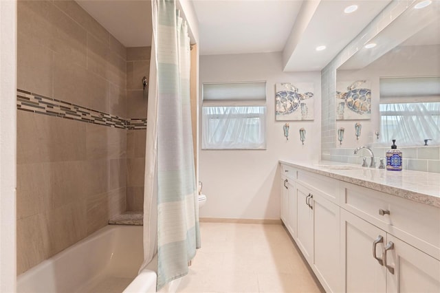 3312 Kenmore Dr, Sarasota, FL 34231 - bathroom featuring vanity, shower / tub combo with curtain, and recessed lighting