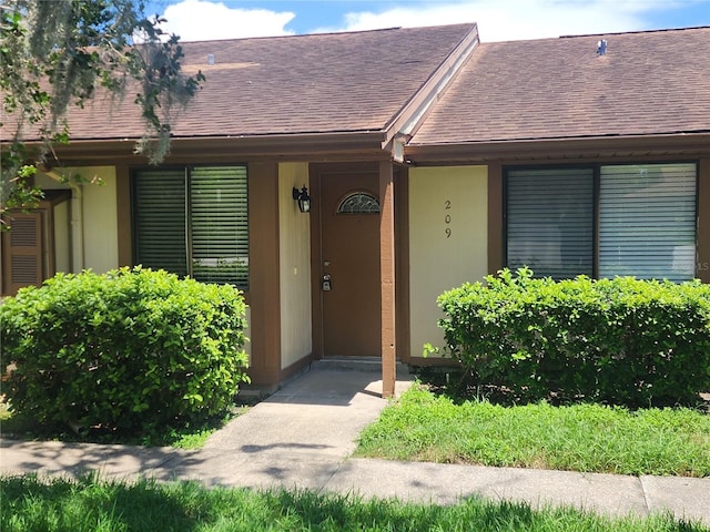 209 Corkwood Ln, Oldsmar, FL 34677 - entrance to property featuring roof with shingles and stucco siding