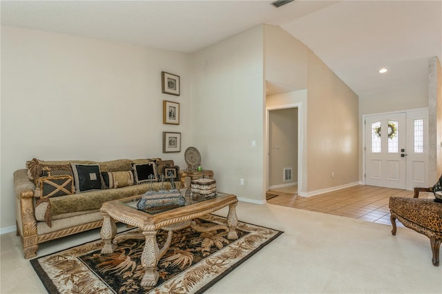 3262 Westcott Ct, Palm Harbor, FL 34684 - carpeted living area featuring vaulted ceiling, tile patterned flooring, and recessed lighting