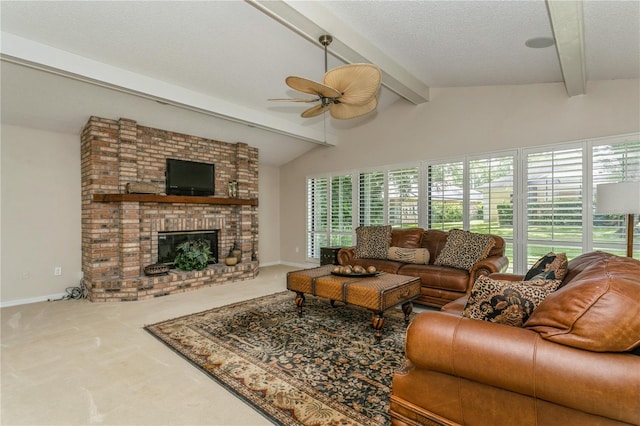 3262 Westcott Ct, Palm Harbor, FL 34684 - living room with ceiling fan, healthy amount of natural light, carpet floors, a brick fireplace, and a textured ceiling