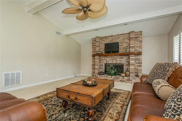 3262 Westcott Ct, Palm Harbor, FL 34684 - living area with ceiling fan, a fireplace, and carpet floors