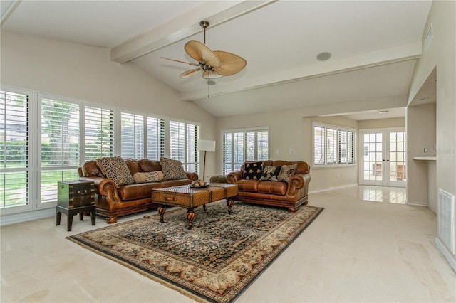 3262 Westcott Ct, Palm Harbor, FL 34684 - living room with light carpet, a ceiling fan, and plenty of natural light