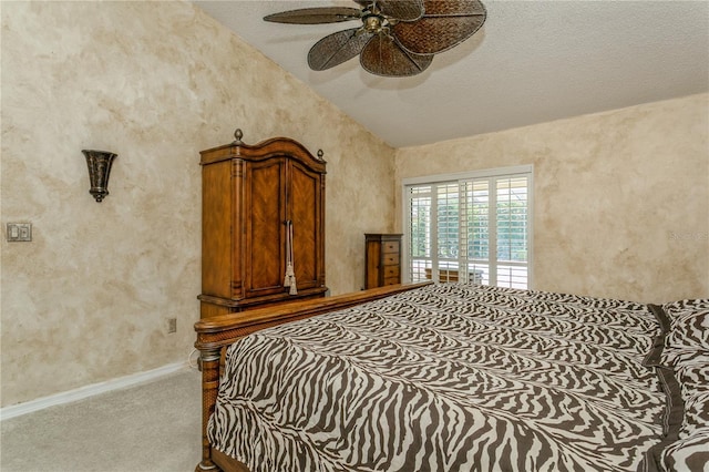 3262 Westcott Ct, Palm Harbor, FL 34684 - carpeted bedroom with lofted ceiling, a textured wall, and a ceiling fan