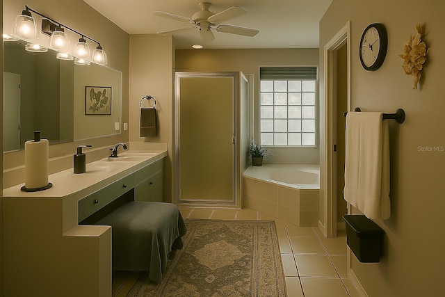 1607 Alexander Crossing Way, Sun City Center, FL 33573 - bathroom featuring a stall shower, tile patterned flooring, a ceiling fan, vanity, and a bath