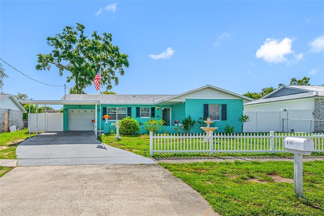 5107 Pine St, Seffner, FL 33584 - ranch-style house featuring a garage, concrete driveway, brick siding, and an attached carport