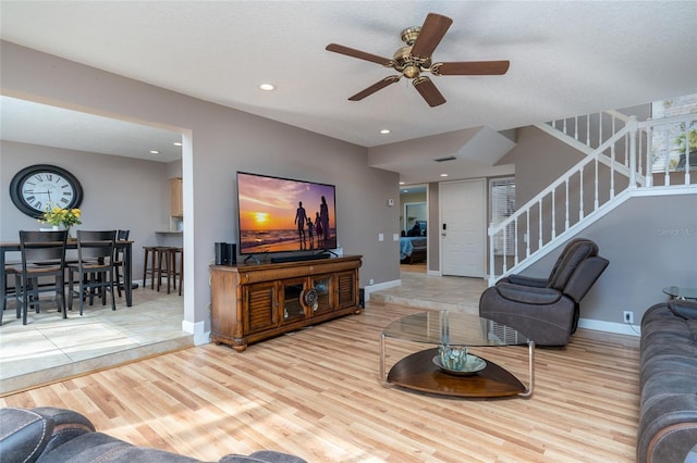 5340 Cobblestone Ct, Wesley Chapel, FL 33543 - living room featuring stairway, ceiling fan, wood finished floors, and recessed lighting