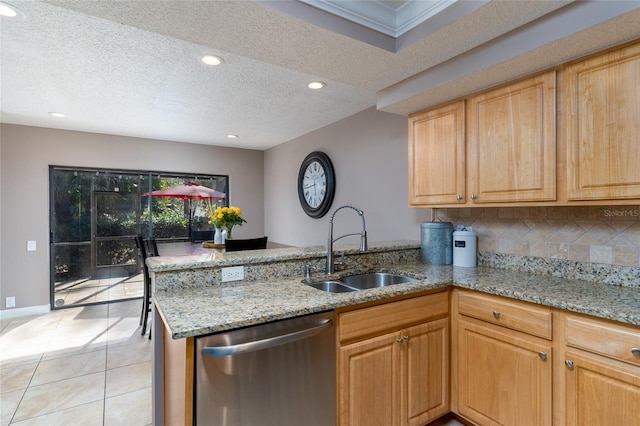 5340 Cobblestone Ct, Wesley Chapel, FL 33543 - kitchen with dishwasher, a peninsula, light tile patterned floors, light stone counters, and recessed lighting