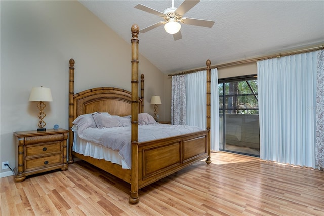 5340 Cobblestone Ct, Wesley Chapel, FL 33543 - bedroom featuring lofted ceiling, access to exterior, light wood finished floors, a textured ceiling, and ceiling fan