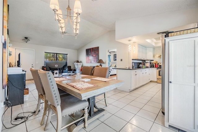 1304 Cedar Ct, Tarpon Springs, FL 34689 - dining room with light tile patterned flooring, a chandelier, and vaulted ceiling