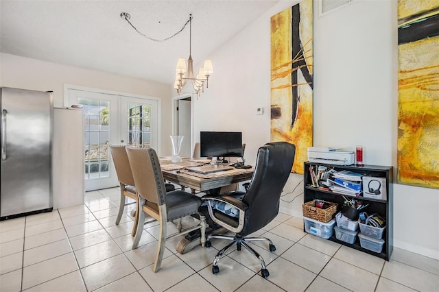 1304 Cedar Ct, Tarpon Springs, FL 34689 - office space featuring french doors, light tile patterned flooring, a chandelier, and lofted ceiling