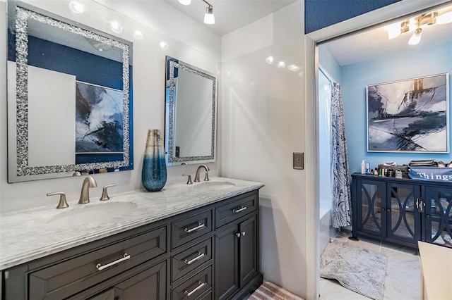 1304 Cedar Ct, Tarpon Springs, FL 34689 - bathroom featuring double vanity and shower / bath combination with curtain