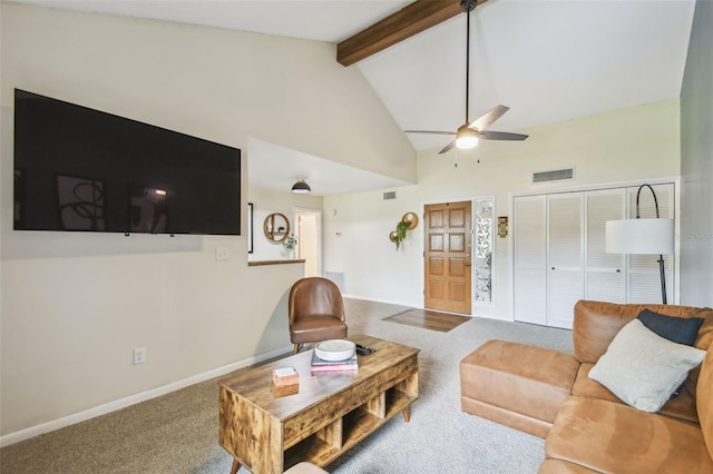 4114 Pinelake Ln Unit 202, Tampa, FL 33618 - carpeted living room with beamed ceiling, a ceiling fan, and high vaulted ceiling