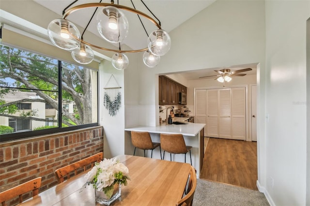 4114 Pinelake Ln Unit 202, Tampa, FL 33618 - dining area featuring a ceiling fan and lofted ceiling