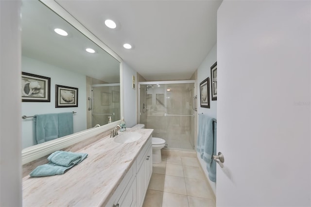 1591 Gulf Blvd Unit 304S, Clearwater Beach, FL 33767 - bathroom with vanity, a shower stall, tile patterned floors, and recessed lighting