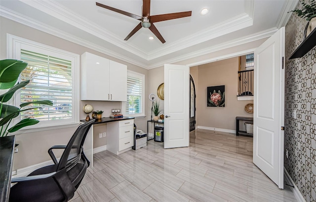 29038 Picana Ln, Wesley Chapel, FL 33543 - office with a ceiling fan, crown molding, and recessed lighting