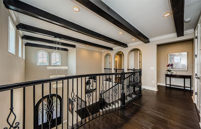 29038 Picana Ln, Wesley Chapel, FL 33543 - hall featuring beam ceiling, wood finished floors, an upstairs landing, crown molding, and recessed lighting