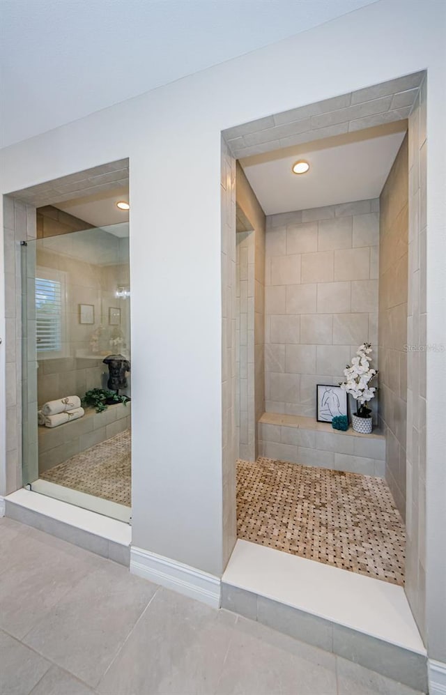 29038 Picana Ln, Wesley Chapel, FL 33543 - bathroom featuring tile patterned flooring, walk in shower, and recessed lighting