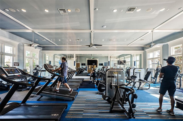 29038 Picana Ln, Wesley Chapel, FL 33543 - workout area with plenty of natural light, coffered ceiling, and recessed lighting