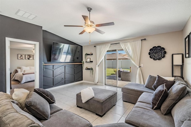9839 Lemon Drop Loop, Sun City Center, FL 33573 - living area with ceiling fan, light tile patterned floors, and lofted ceiling