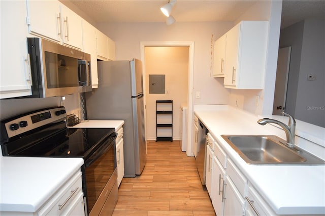 10265 Gandy Blvd N Unit 1409, Saint Petersburg, FL 33702 - kitchen with stainless steel appliances, electric panel, light wood-type flooring, white cabinets, and light countertops