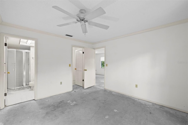 506 Duxbury Ct Unit A, Safety Harbor, FL 34695 - unfurnished bedroom with ornamental molding, unfinished concrete floors, ensuite bath, and a ceiling fan