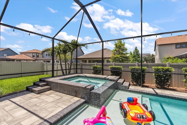 12415 Hitching St, Odessa, FL 33556 - view of swimming pool featuring an in-ground hot tub, a fenced backyard, glass enclosure, and a residential view