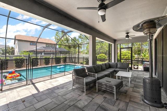 12415 Hitching St, Odessa, FL 33556 - fenced backyard featuring ceiling fan, a patio area, and an outdoor living space