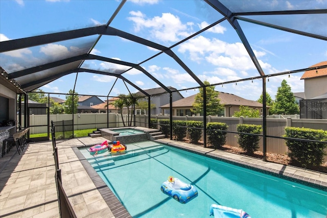 12415 Hitching St, Odessa, FL 33556 - view of pool with a patio area, a fenced backyard, glass enclosure, and a residential view