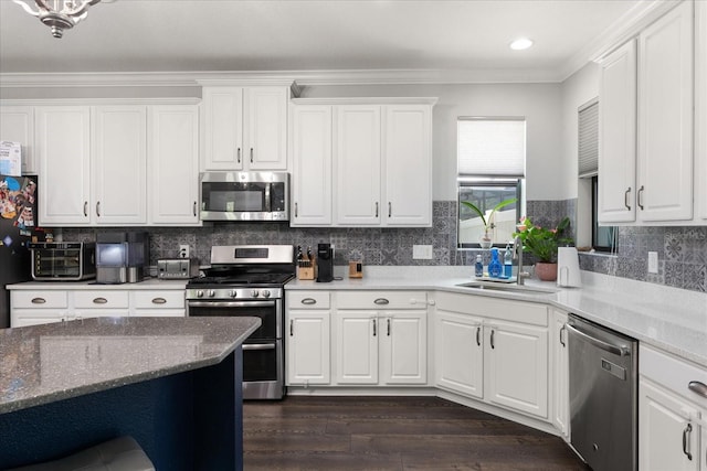 12415 Hitching St, Odessa, FL 33556 - kitchen with appliances with stainless steel finishes, crown molding, white cabinetry, dark wood-style flooring, and decorative backsplash