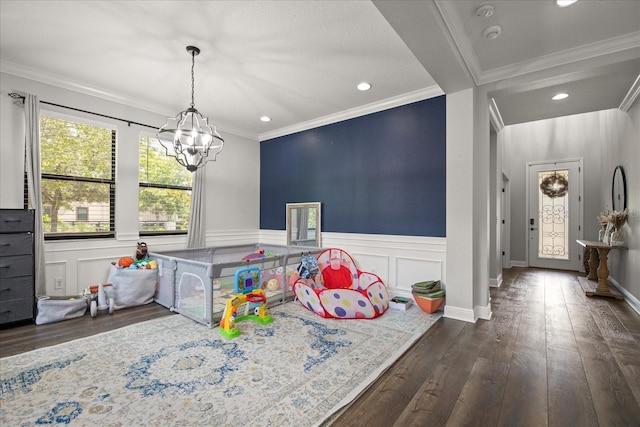 12415 Hitching St, Odessa, FL 33556 - rec room with hardwood / wood-style floors, a chandelier, recessed lighting, a wainscoted wall, and ornamental molding