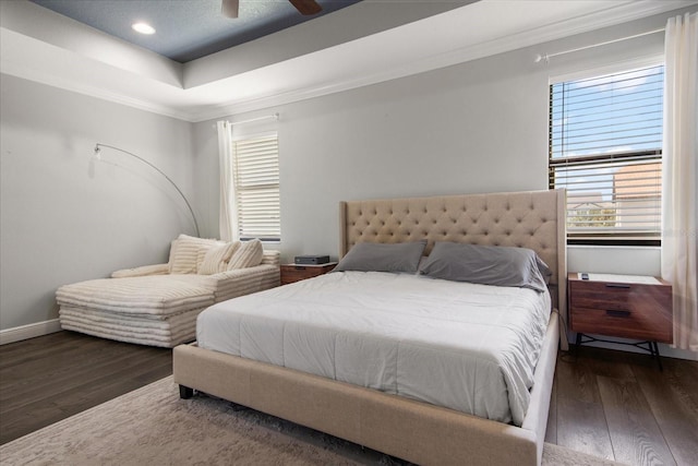 12415 Hitching St, Odessa, FL 33556 - bedroom with wood finished floors, recessed lighting, ornamental molding, a raised ceiling, and ceiling fan