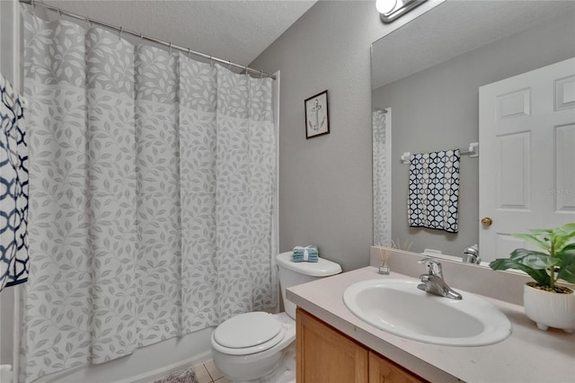3455 Castle Stone Ct, Valrico, FL 33594 - full bathroom featuring vanity, a textured ceiling, shower / bath combination with curtain, and tile patterned flooring