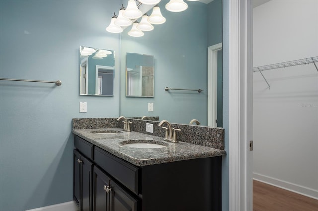 4146 Bexley Village Dr, Land O Lakes, FL 34638 - bathroom featuring double vanity, a chandelier, wood finished floors, and a spacious closet