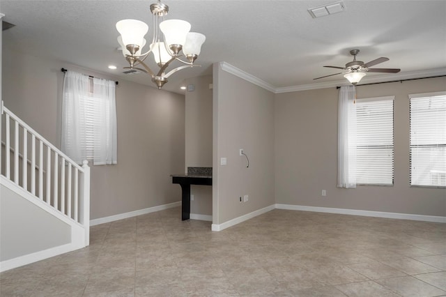 4146 Bexley Village Dr, Land O Lakes, FL 34638 - unfurnished room featuring a chandelier, ceiling fan, stairway, crown molding, and a textured ceiling