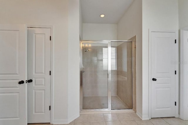 5205 Brighton Shore Dr, Apollo Beach, FL 33572 - full bath featuring a shower stall, tile patterned flooring, and recessed lighting