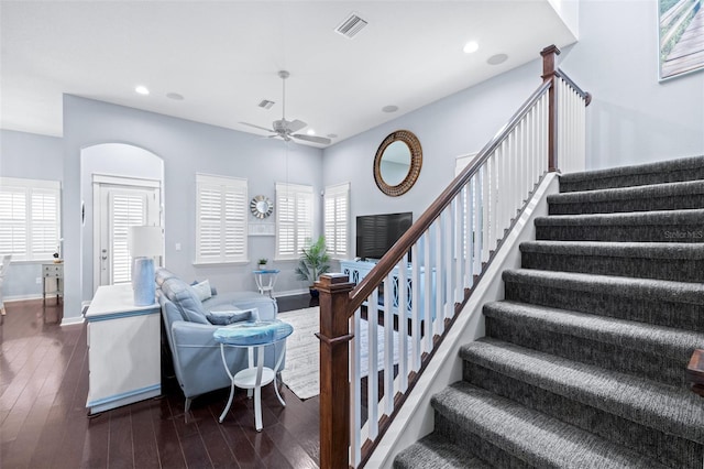 511 Winterside Dr, Apollo Beach, FL 33572 - stairway with hardwood / wood-style floors, recessed lighting, a ceiling fan, and arched walkways