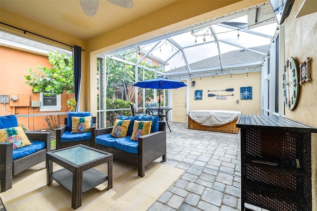 511 Winterside Dr, Apollo Beach, FL 33572 - view of patio / terrace with a ceiling fan, an outdoor living space, and a lanai
