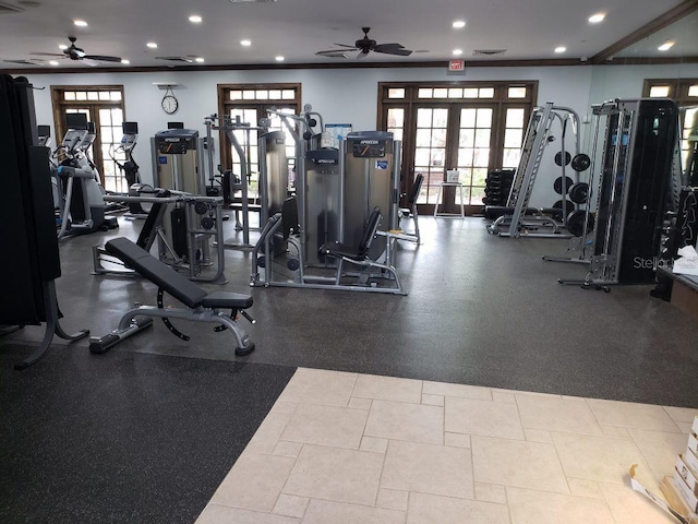 511 Winterside Dr, Apollo Beach, FL 33572 - exercise room featuring a ceiling fan, plenty of natural light, crown molding, and recessed lighting