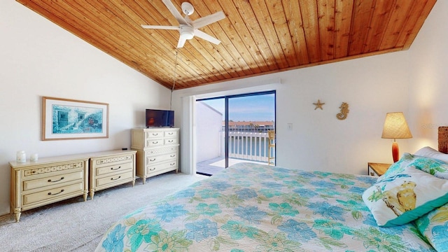 12132 Capri Cir S, Treasure Island, FL 33706 - carpeted bedroom featuring wooden ceiling, access to exterior, vaulted ceiling, and ceiling fan