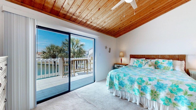 12132 Capri Cir S, Treasure Island, FL 33706 - carpeted bedroom with access to exterior, wood ceiling, lofted ceiling, a water view, and ceiling fan