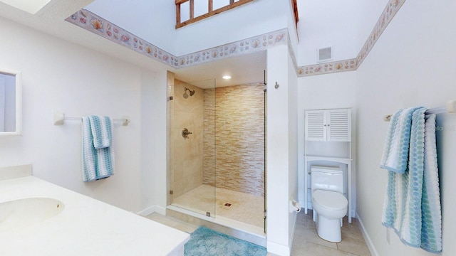 12132 Capri Cir S, Treasure Island, FL 33706 - full bathroom with vanity, a stall shower, tile patterned flooring, and recessed lighting
