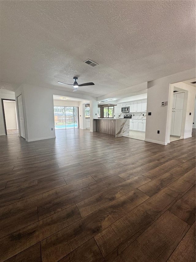 2102 Doefield Ct, Valrico, FL 33596 - unfurnished living room with dark wood-style floors, plenty of natural light, a textured ceiling, and ceiling fan