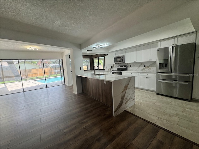 2102 Doefield Ct, Valrico, FL 33596 - kitchen featuring appliances with stainless steel finishes, a peninsula, a textured ceiling, white cabinetry, and wood finished floors
