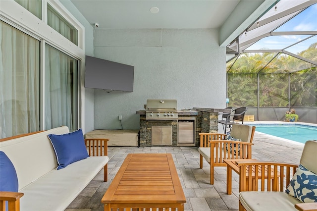 7114 Bowspirit Pl, Apollo Beach, FL 33572 - view of patio / terrace with an outdoor living space, area for grilling, a lanai, and an outdoor pool