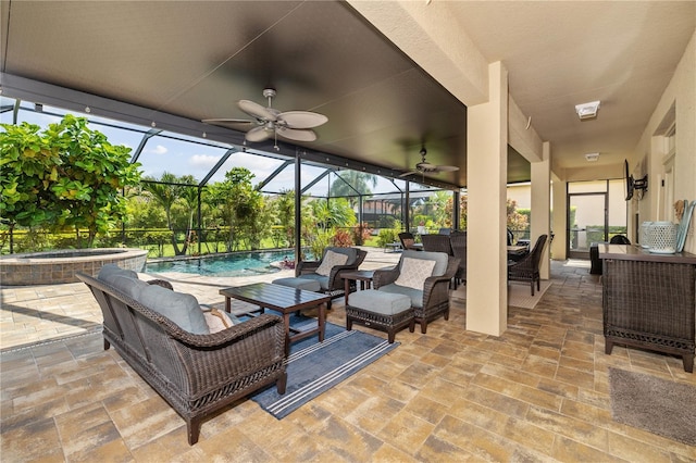 165 Mobbly Bay Dr, Oldsmar, FL 34677 - view of patio / terrace featuring ceiling fan, an outdoor living space, a lanai, and a pool with connected hot tub