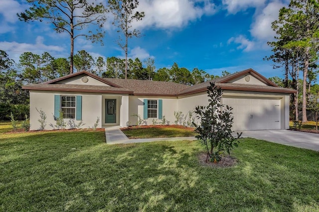 103 Whippoorwill Dr, Palm Coast, FL 32164 - ranch-style house with a garage, driveway, stucco siding, and a front yard