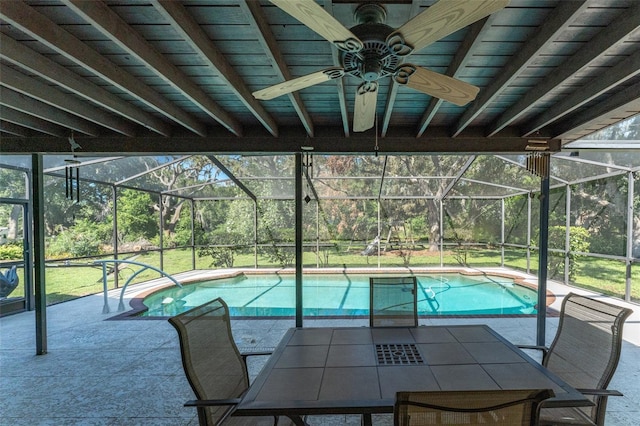 11307 Sandpine Rd, Riverview, FL 33569 - outdoor pool with glass enclosure, a patio area, and ceiling fan