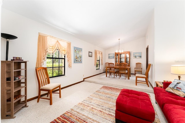 11307 Sandpine Rd, Riverview, FL 33569 - carpeted living room with a chandelier and vaulted ceiling