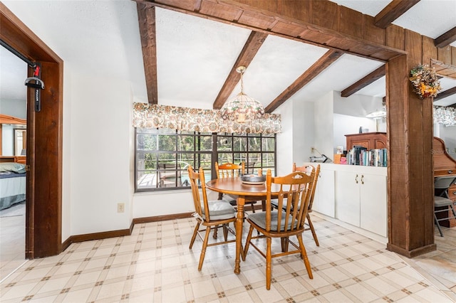 11307 Sandpine Rd, Riverview, FL 33569 - dining area with beam ceiling and a chandelier