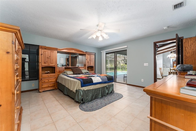 11307 Sandpine Rd, Riverview, FL 33569 - bedroom featuring access to exterior, a textured ceiling, and a ceiling fan
